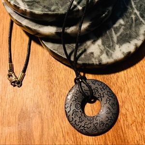 Etched Hematite Pendant Necklace  on Leather - EUC